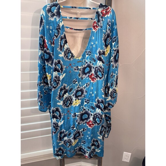 Billabong Floral Kimono Cardigan Cover Up Turquoise Bohemian Flowy - Picture 2 of 13